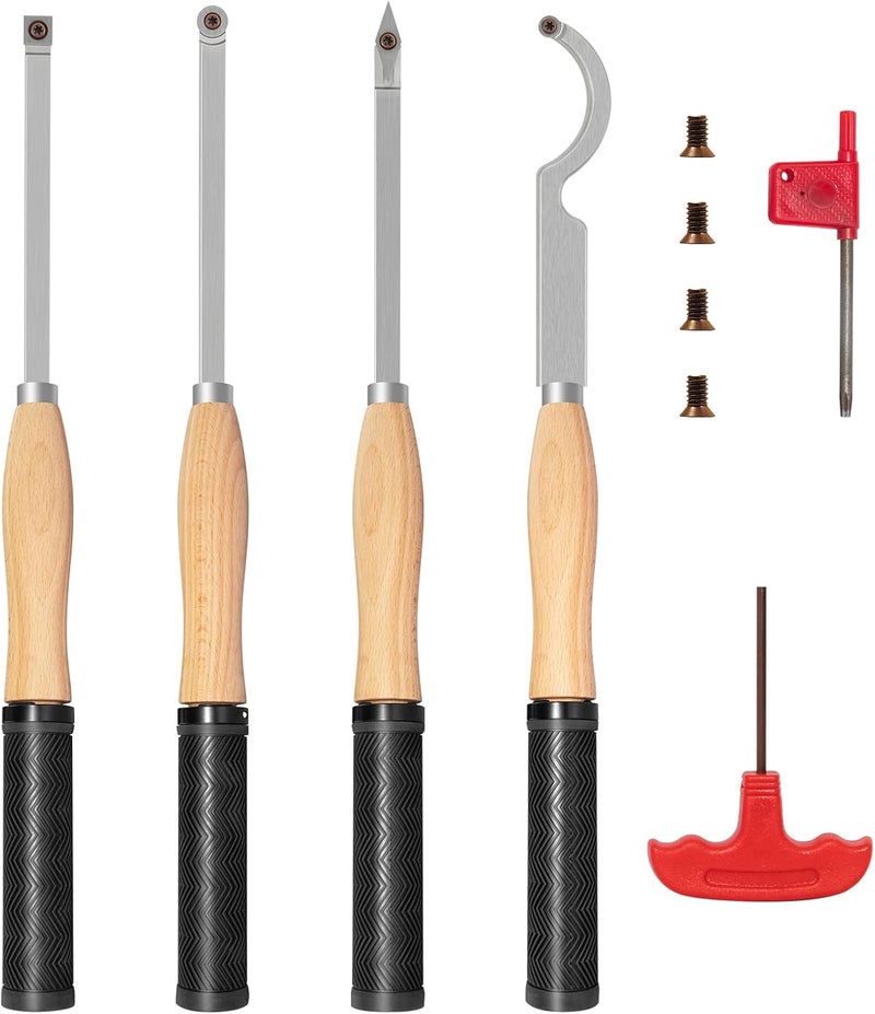 DEEFIINE 18.3" Full Size Carbide Tip Wood Lathe Turning Tool Kit, Lathe Roughing and Finishing Hollow Tool with Diamond Round Square Carbide inserts(Beech handle) - Image 1